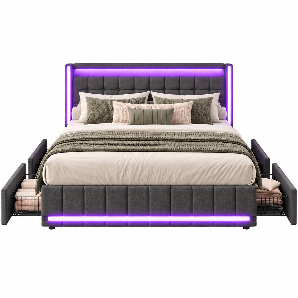 POLSTERBETT，BETT 160/200 cm Dunkelgrau,Mit 4 Schubladen, LED und Ladefunktion - Naturfarben/Grau, Holz/Textil (160/200cm) - FURNISHINGS HOME