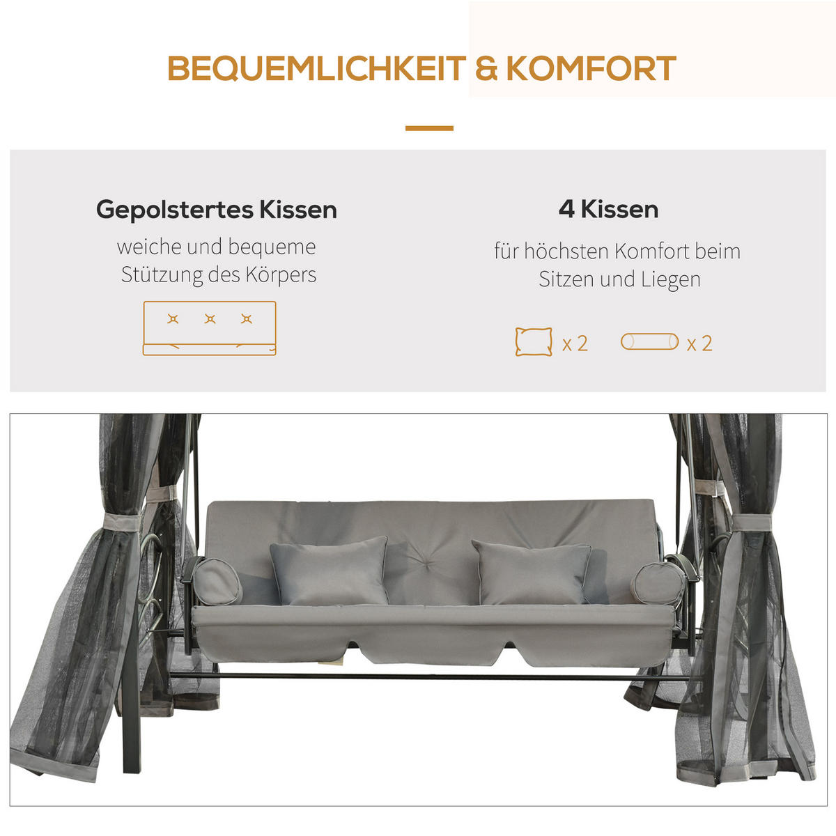 HOLLYWOODSCHAUKEL DE-06976 3-Sitzer, mit Seitenwänden & Moskitonetz, Liegefunktion Grau - Dunkelgrau, Metall (256/248/172cm) - ComfortXL