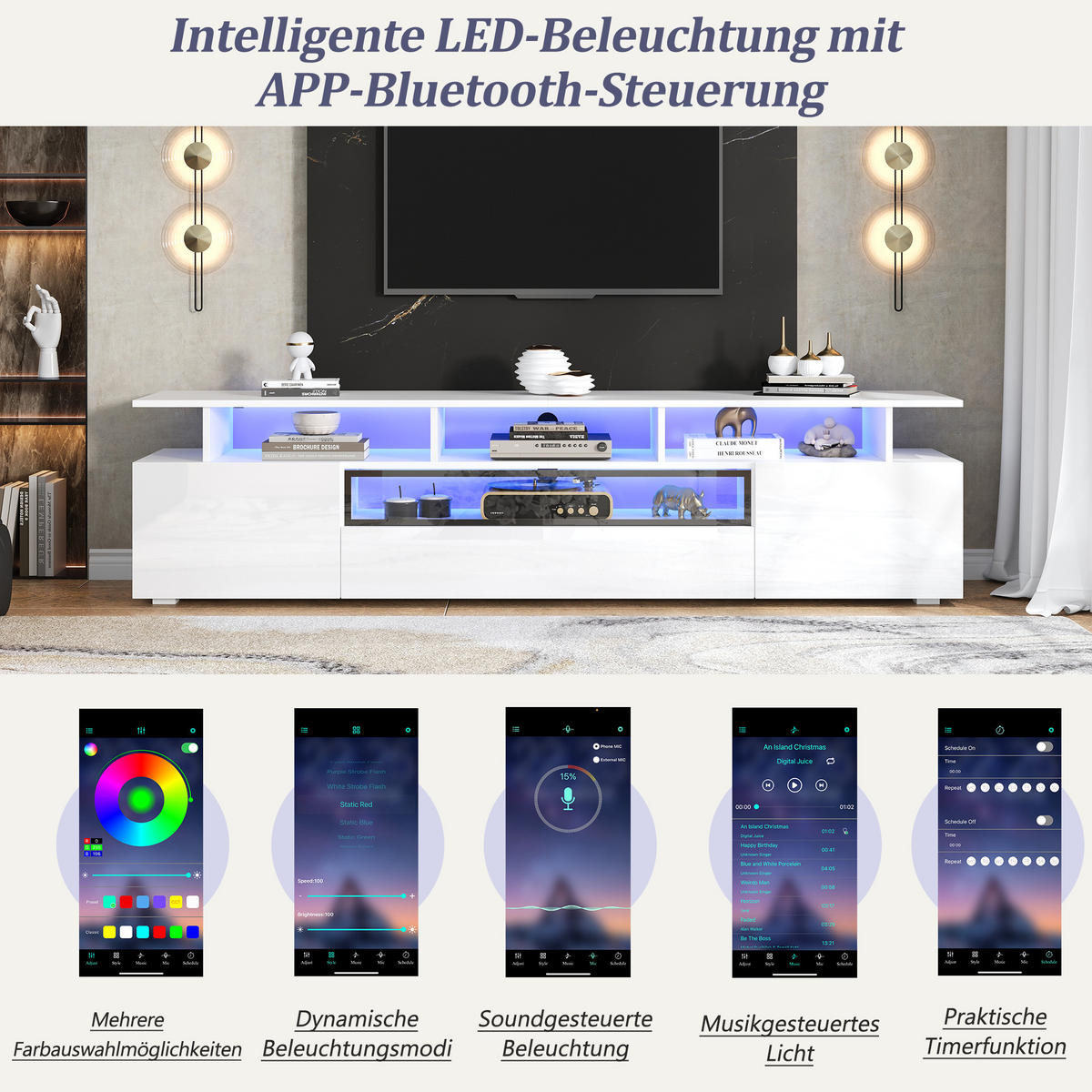 TV-LOWBOARD 180x38x45 cm Hochglanz LED Schrank Schublade - Weiß, Holzwerkstoff (38/45/180cm) - FLIEKS