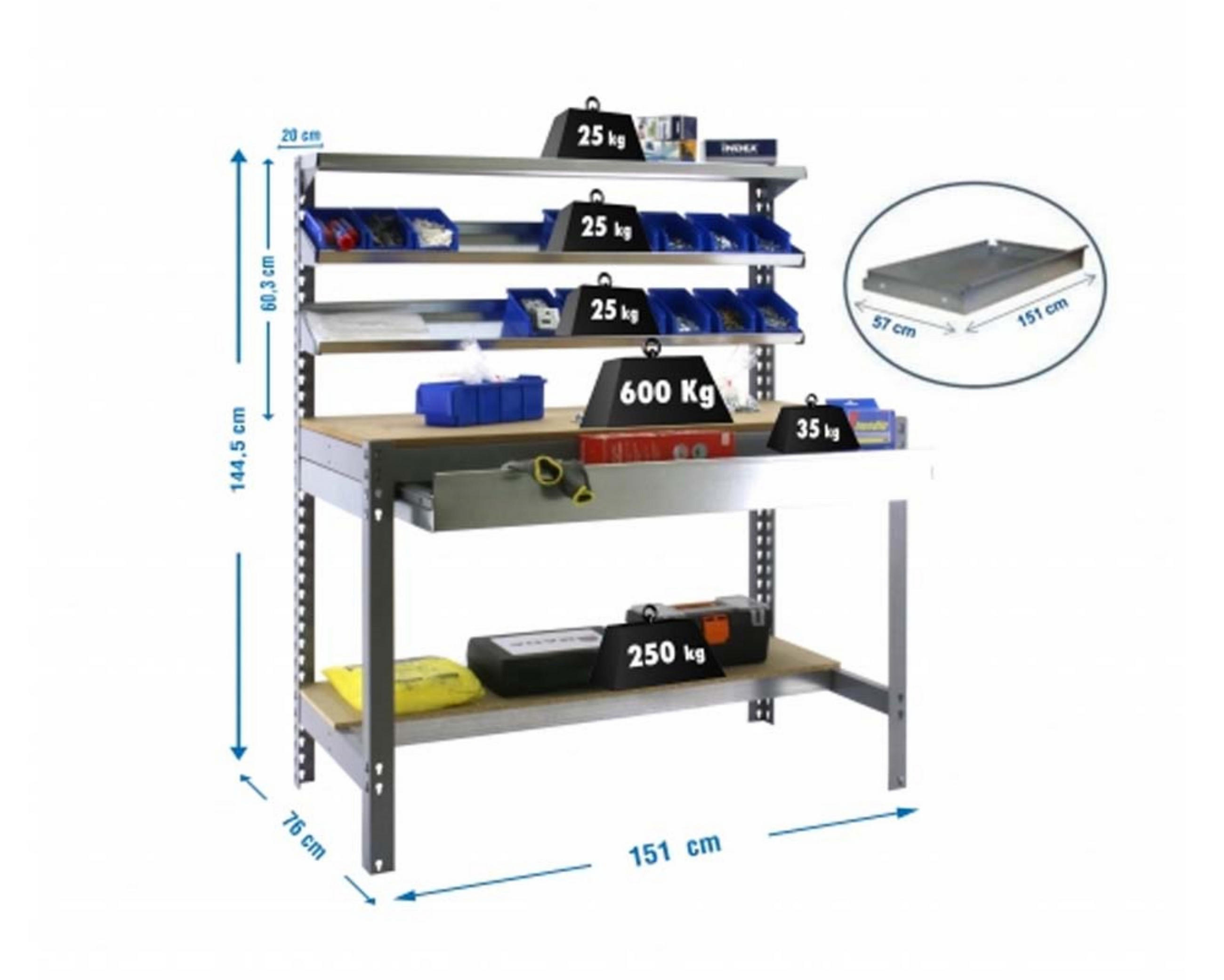 WERKBANK BUFFALO mit Frontablage und Schubfach | HxBxT 84x150x76cm | Traglast 600kg | Grau - Grau, Metall (150/84/76cm) - PROREGAL