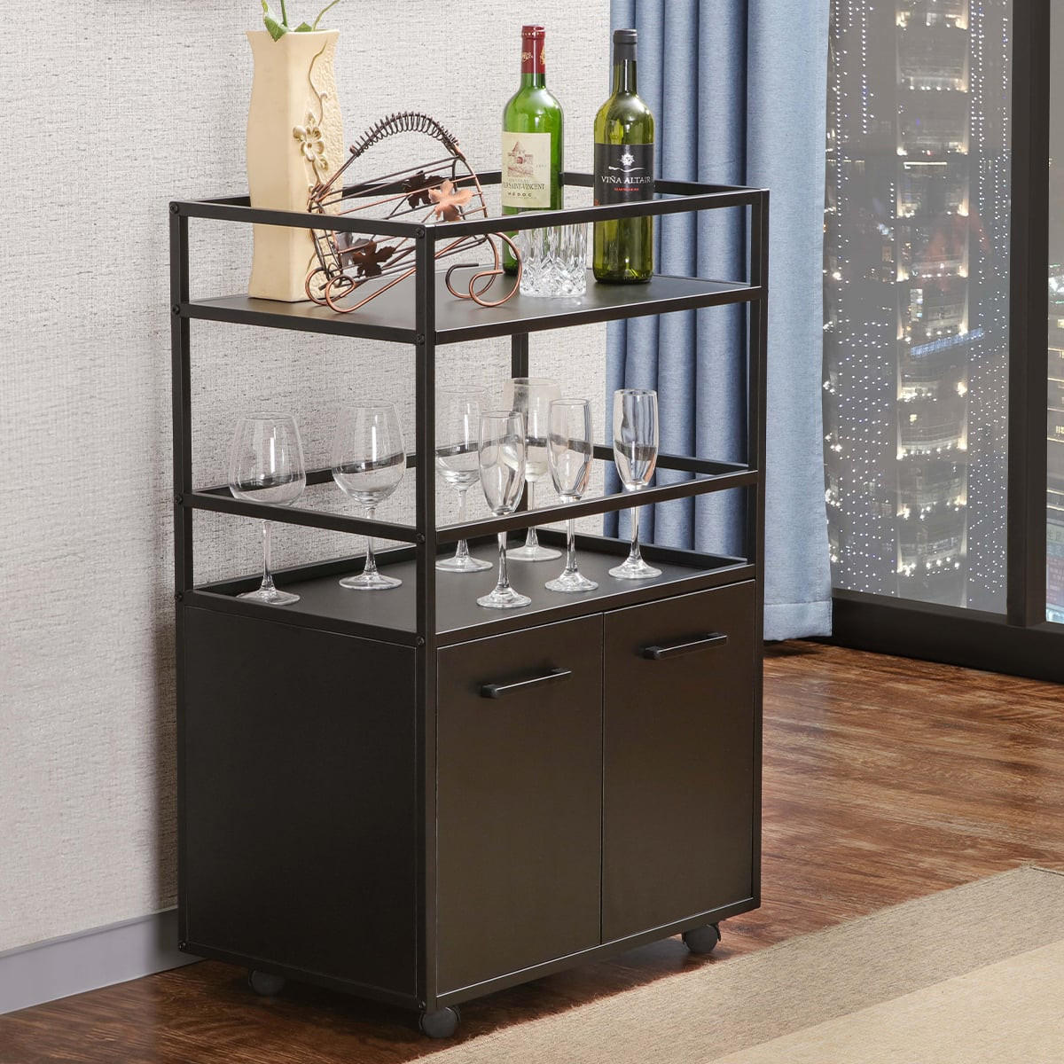 ROLLSIDEBOARD 2 Türen, 2 Ablagen und 4 Rollen B60 cm – MOSAIK - Schwarz, Holzwerkstoff (40/94/46cm) - Calicosy