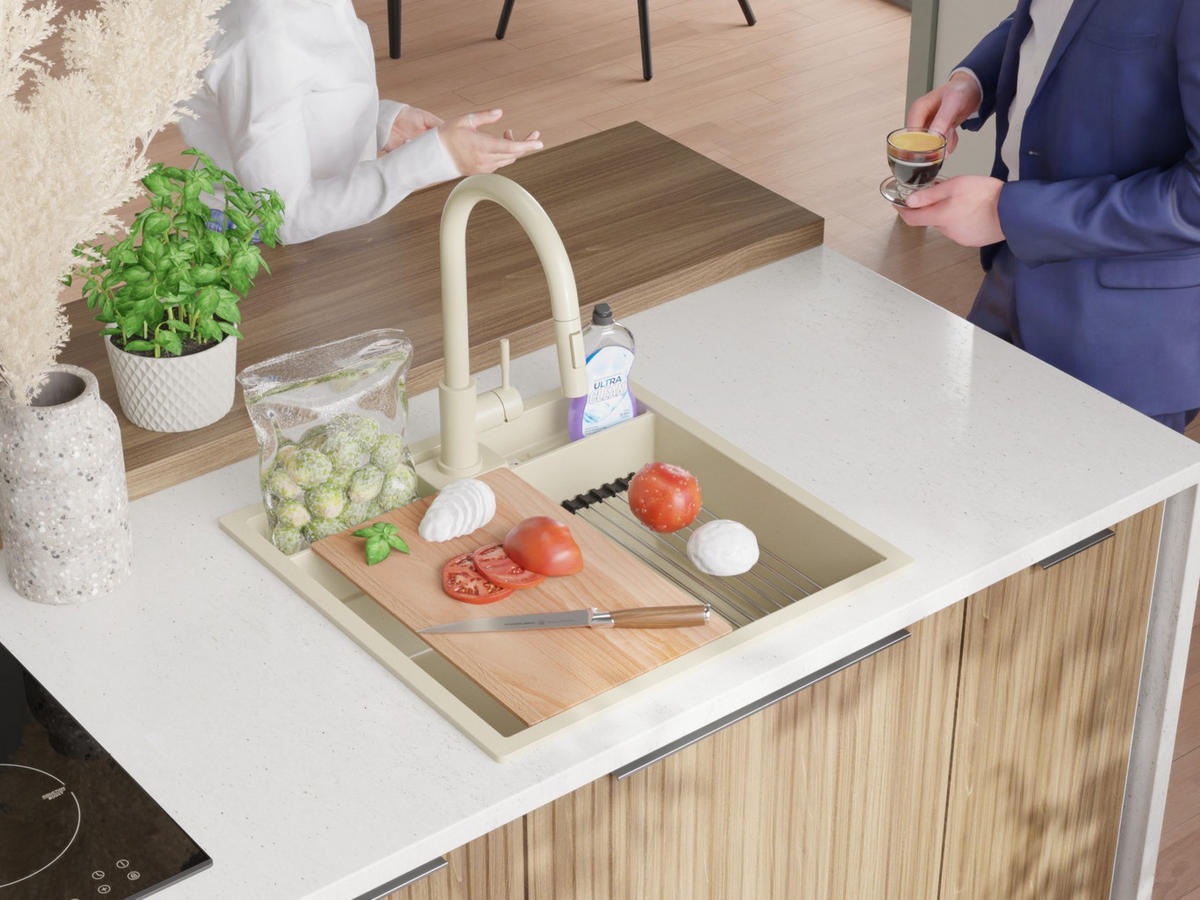 GRANITSPÜLE Bergen Pocket, 2-er set Beige 56/54 cm 1 Becken + Küchenarmatur 38/14 cm + Ablauf-Set + Küchenzubehörset ab 60er Unterschrank - Chromfarben/Beige, Kunststoff (56/20/54cm) - Primagran