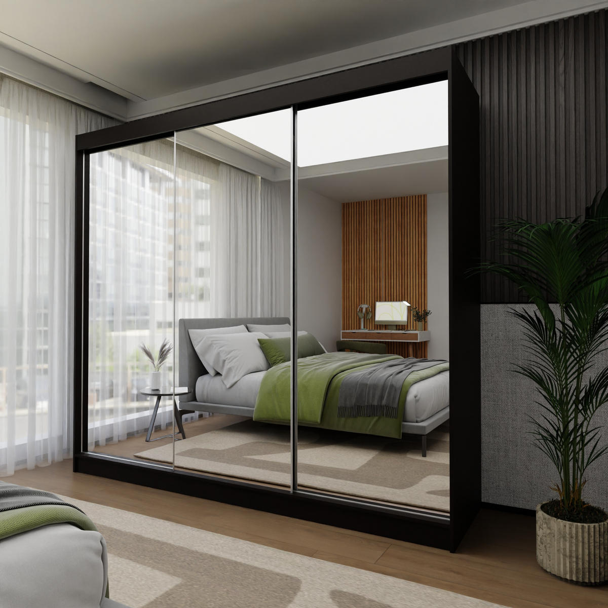 SCHWEBETÜRENSCHRANK BELLINA 240/216/61cm 3-türig mit Spiegel Schwarz - Schwarz, Holzwerkstoff (240/216/61cm) - MASSENO