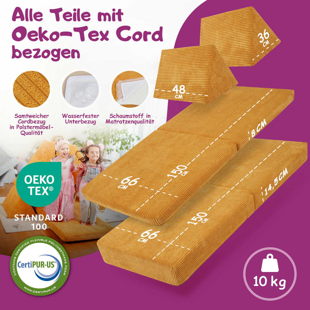 KINDERSOFA Spielparadies - Gelb, Textil (66/52/150cm) - Linodino
