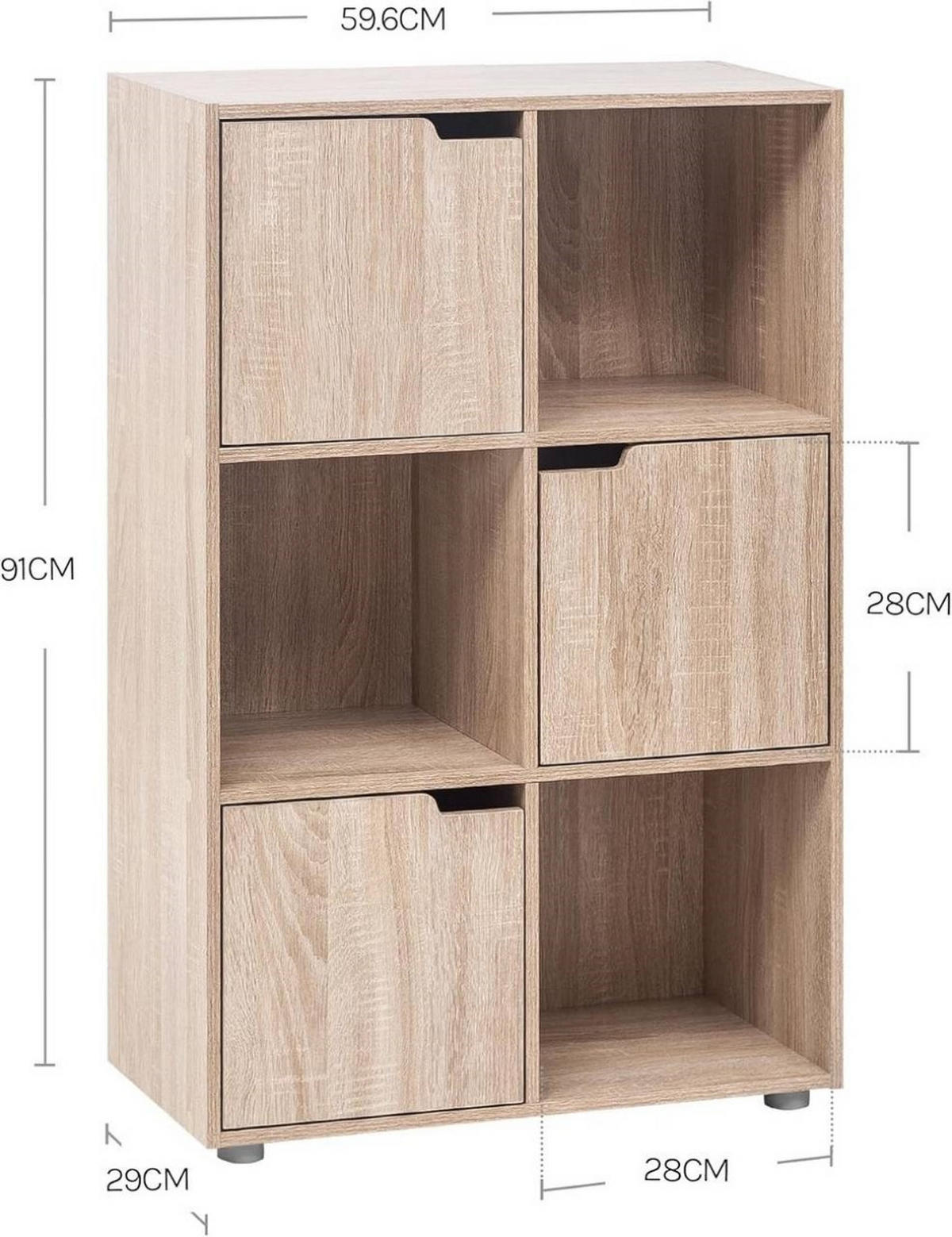 REGALE Bücherregal mit 3 Türen, 6 Fächer, Eiche - Eichefarben/Grau, Holzwerkstoff/Kunststoff (59.6/91/29cm) - Woltu