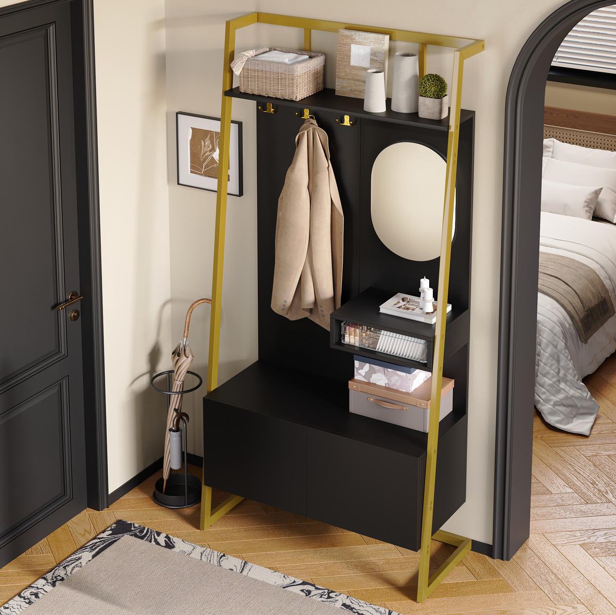 GARDEROBE mit Spiegel und Schuhbank 78 x 38,5 x 180,5 cm Schwarz - Schwarz, Holzwerkstoff (38.5/180.5/78cm) - Beauniv