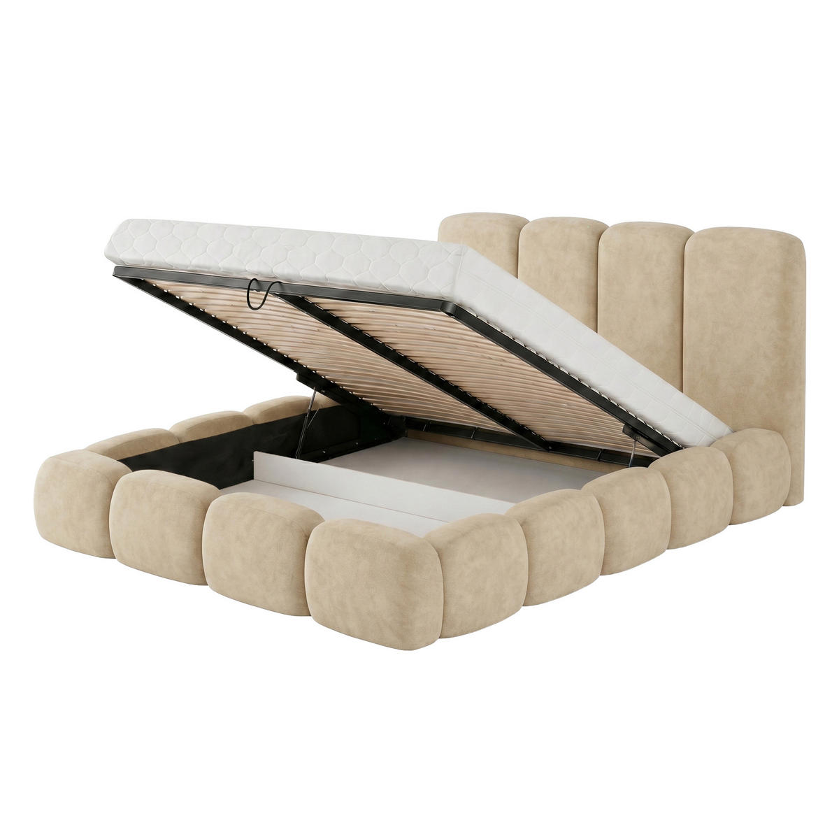 POLSTERBETT SUENO MAXI 180x200 cm in Creme, gepolstertes Kopfteil, Metalllattenrost, Bettkasten, Velour-Stoff - Creme/Naturfarben, Holz/Textil (180/200cm) - Muffo