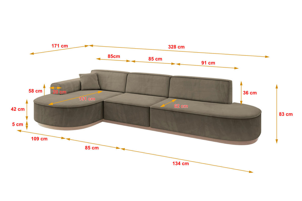 ECKSOFA Ottomane Links MARI-L2-v1 - 328x171x83 cm Dunkelbraun Velours - Dunkelbraun, Holzwerkstoff/Textil (328/171cm) - ALTDECOR