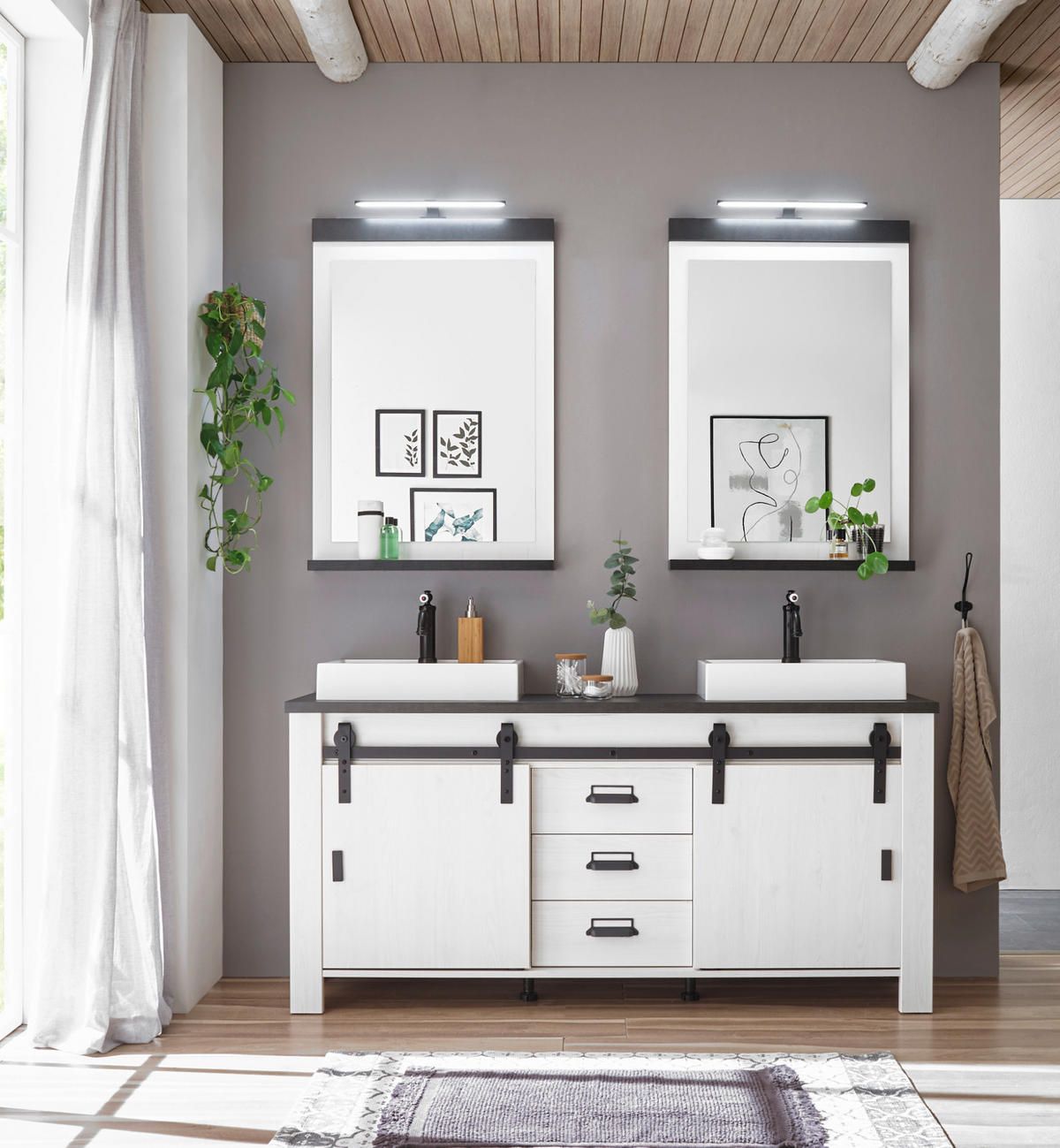 DOPPELWASCHTISCH weiß Pinie, anthrazit Landhaus, Waschtisch- Set inkl. 2 x Waschbecken - Anthrazit/Weiß, Holzwerkstoff/Metall (164/81/43cm) - Furn.Design