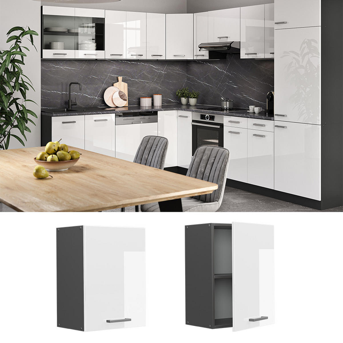 HÄNGESCHRANK R-Line Weiß Hochglanz 45 cm - Weiß Hochglanz/Anthrazit, Holzwerkstoff (45/60/31cm) - Vicco
