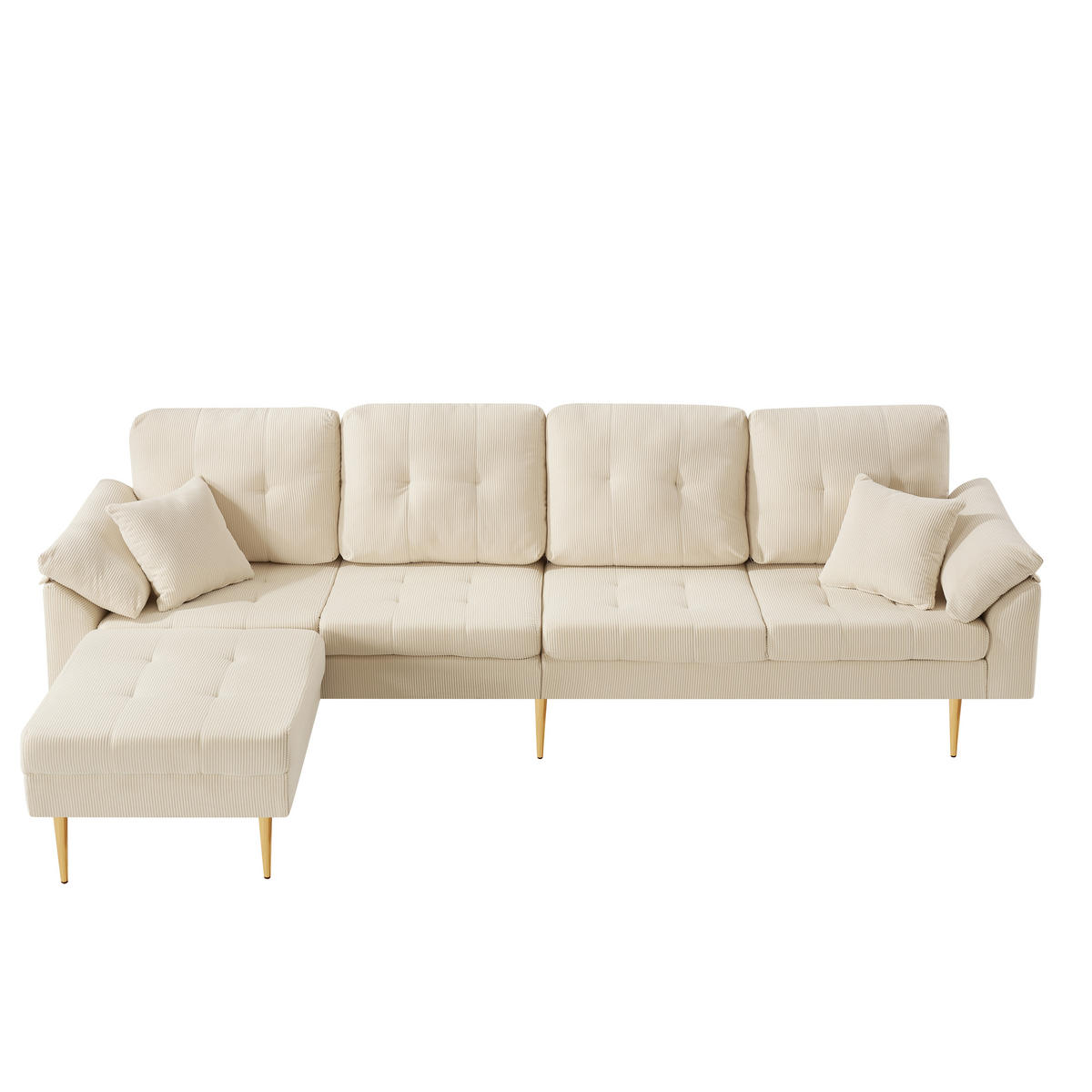 ECKSOFA 4-Sitzer Cord mit flexiblem Hocker, DE-42943, Cremeweiß - Creme, Metall (250/70cm) - ComfortXL
