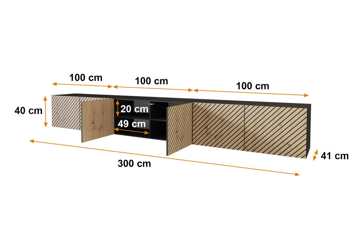 LOWBOARD SENI-W 3x100x40x41 cm - Schwarz / Artisan - Schwarz, Holzwerkstoff (300/40/41cm) - ALTDECOR