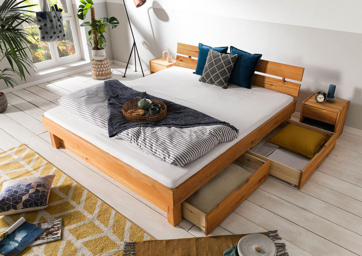 BETT mit Schublade Massivholz Kernbuche 180 x 200 x 73 natur TomMe #132 - Naturfarben, Holz (180/200cm) - Massivmoebel24