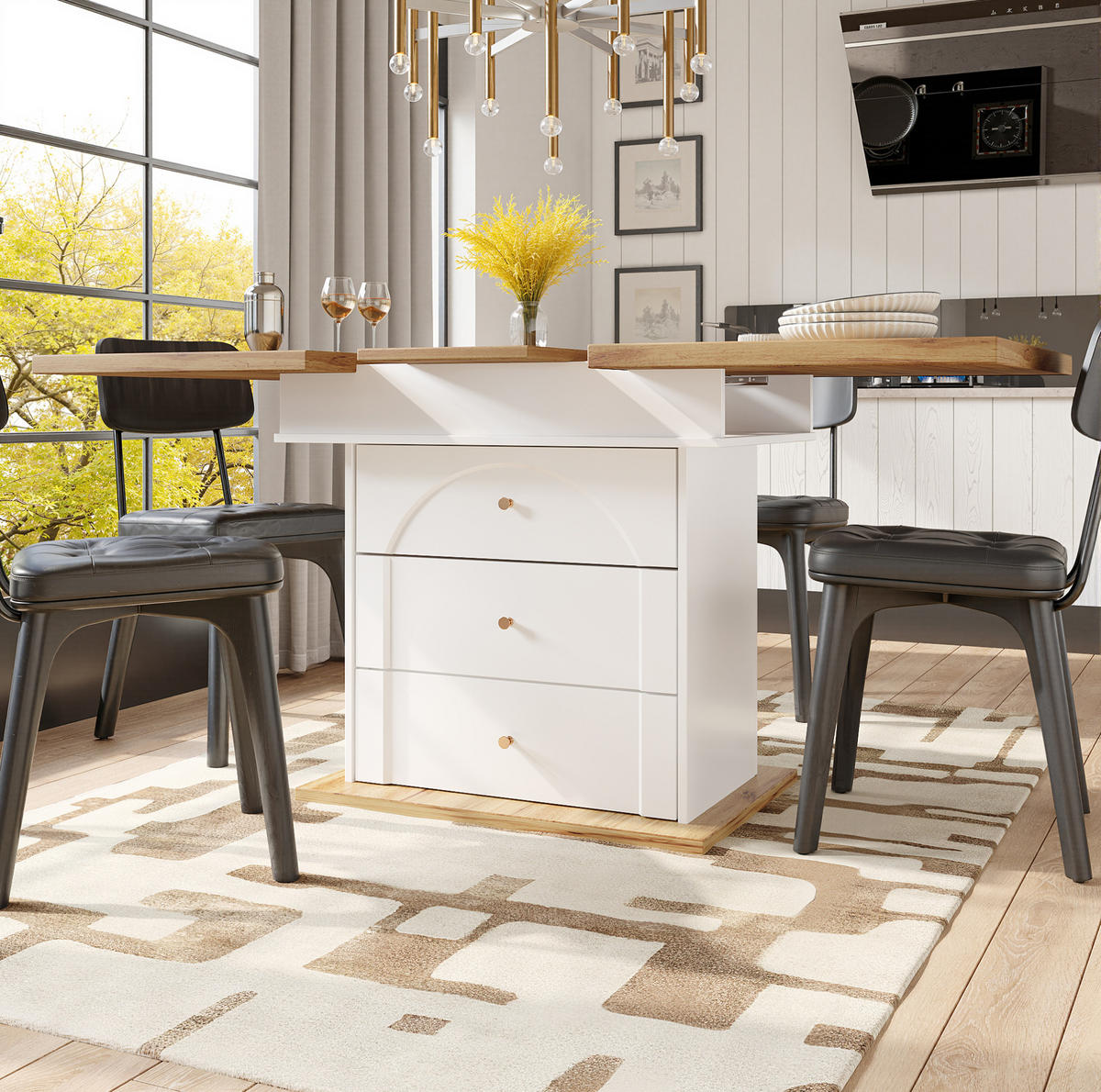 JEDÁLENSKÝ stôl 110-140/80 cm MDF, biela/natural, rozkladací so skrytým úložným priestorom - biela, kompozitné drevo (140/80/75cm) - BEAOK