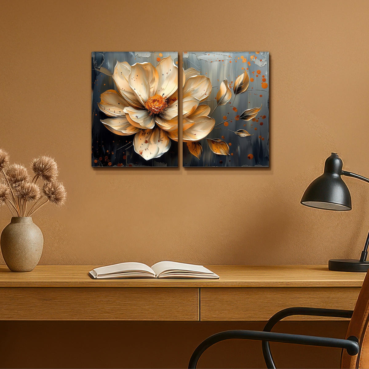LEINWANDBILD 2er Set Blume - Gold - Abstrakt - Farbe 60x40 cm - Creme, Textil (60/40cm) - MuchoWow