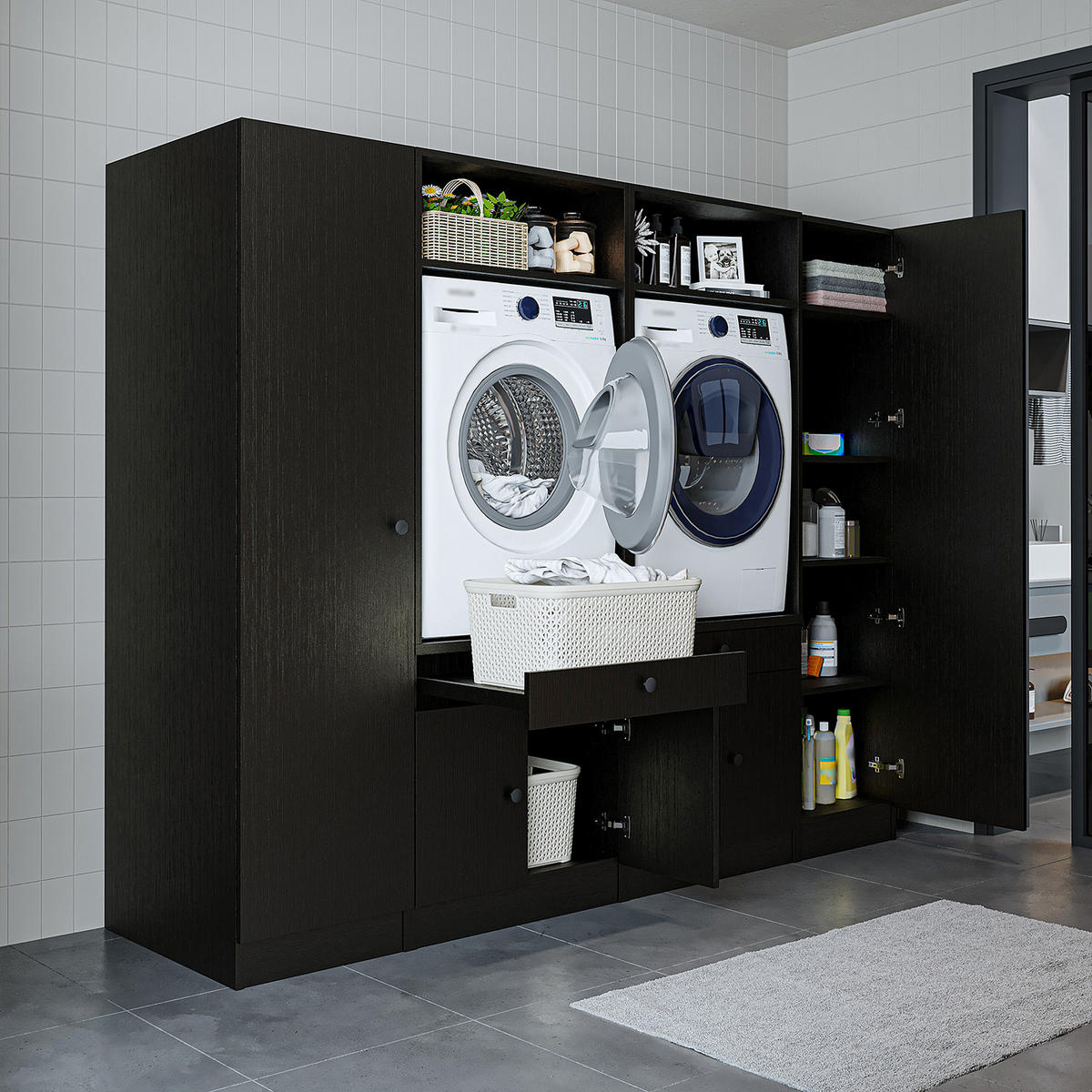WASCHMASCHINENSCHRANK Serie 1 224cm Breit, 184cm Hoch - Schwarz, Holzwerkstoff (224/184/67cm)