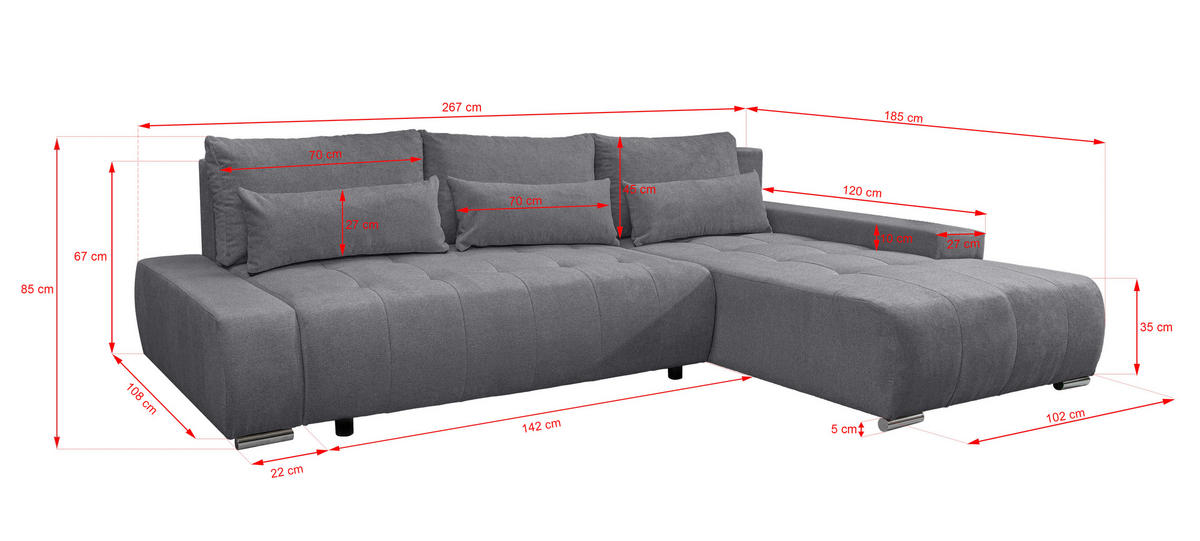 ECKSOFA Bloom mit Bettkasten und Schlaffunktion L-Form - Grau, Textil (267/185cm)