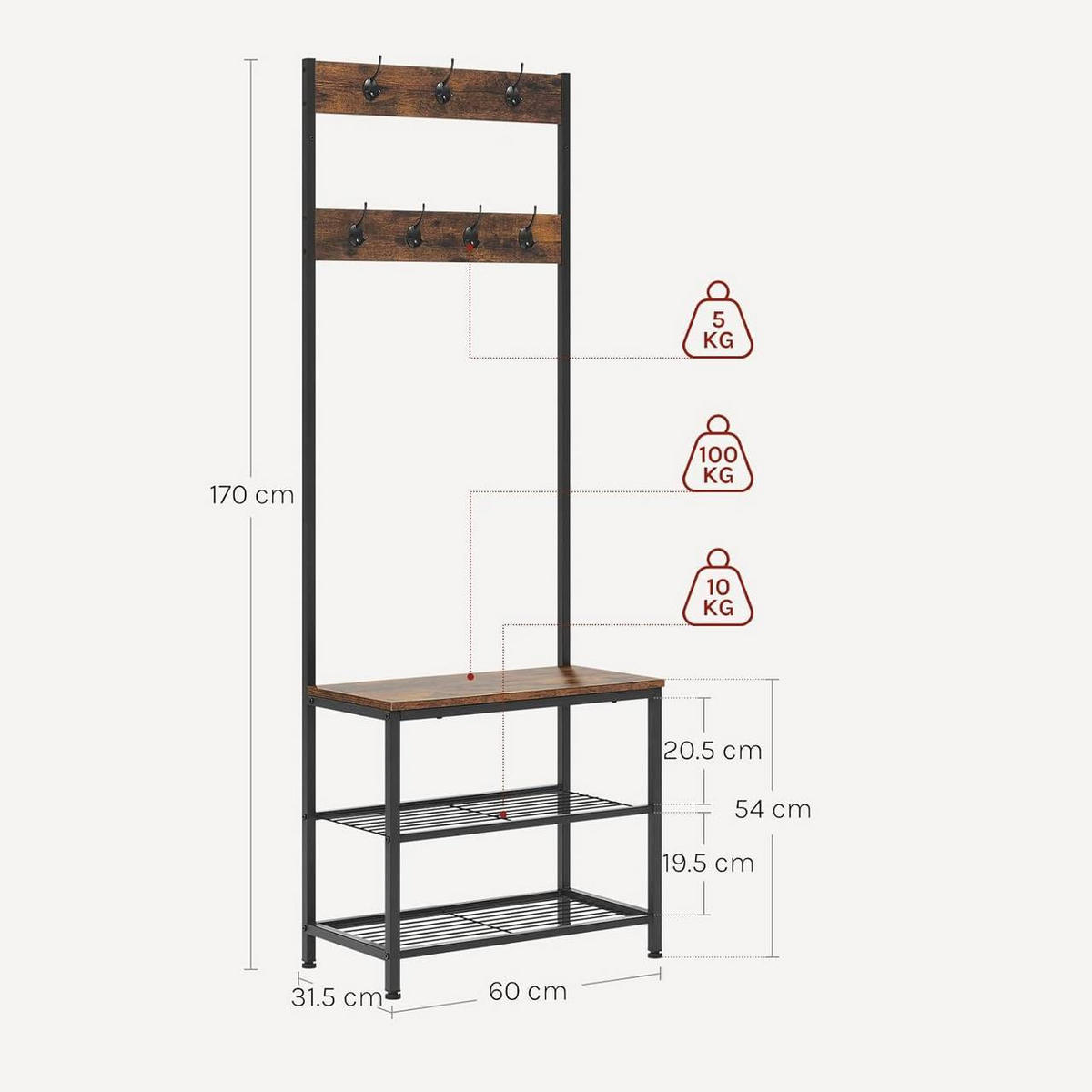 KLEIDERSTÄNDER mit Sitzfläche, Rustikales Braun - Dunkelbraun, Holzwerkstoff/Metall (60/170/31.5cm) - Woltu