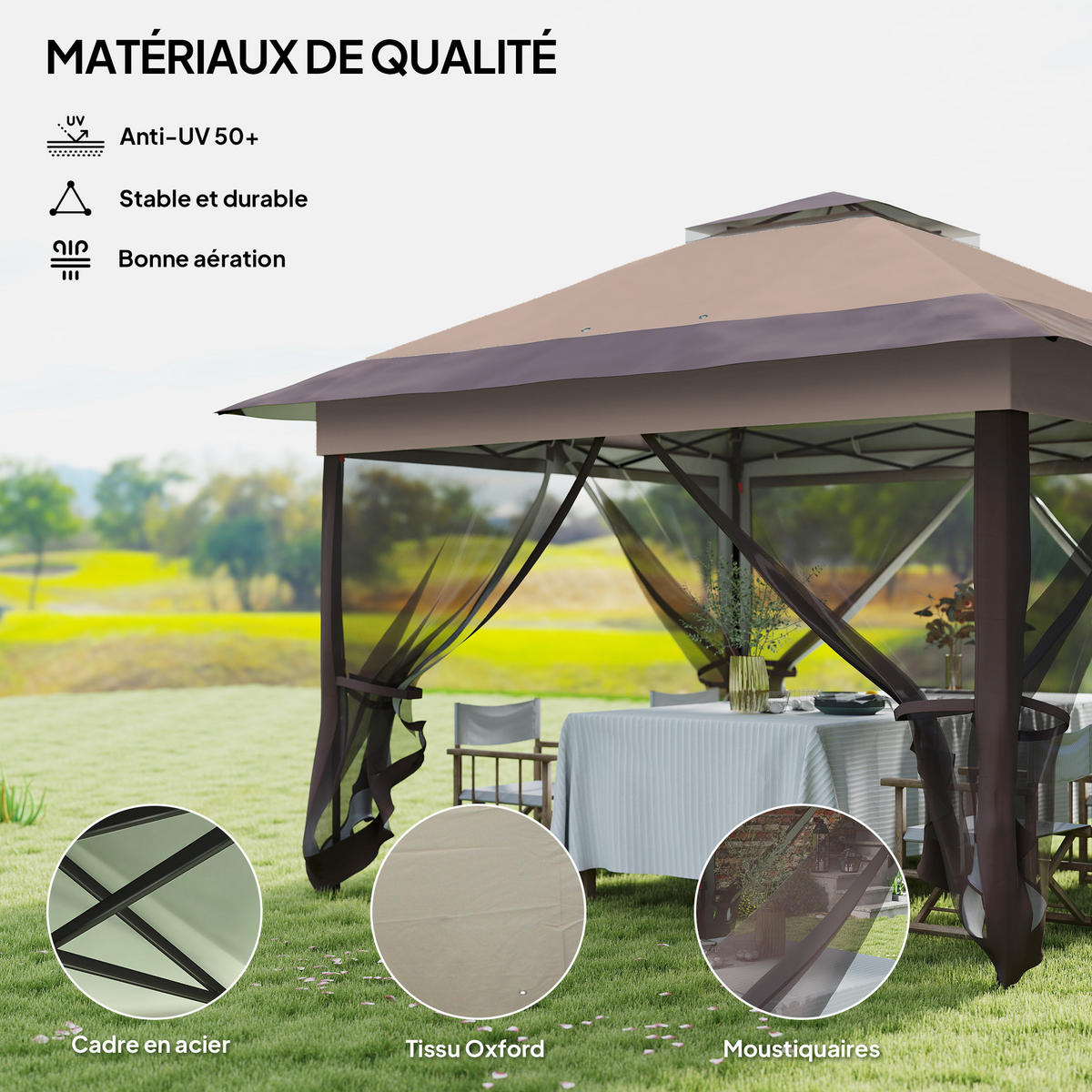 PAVILLON DE-13981 Pop-up, 4 Moskitonetze, mit Rolltasche Khaki/Braun - Mokka, Metall (364/294/364cm) - ComfortXL