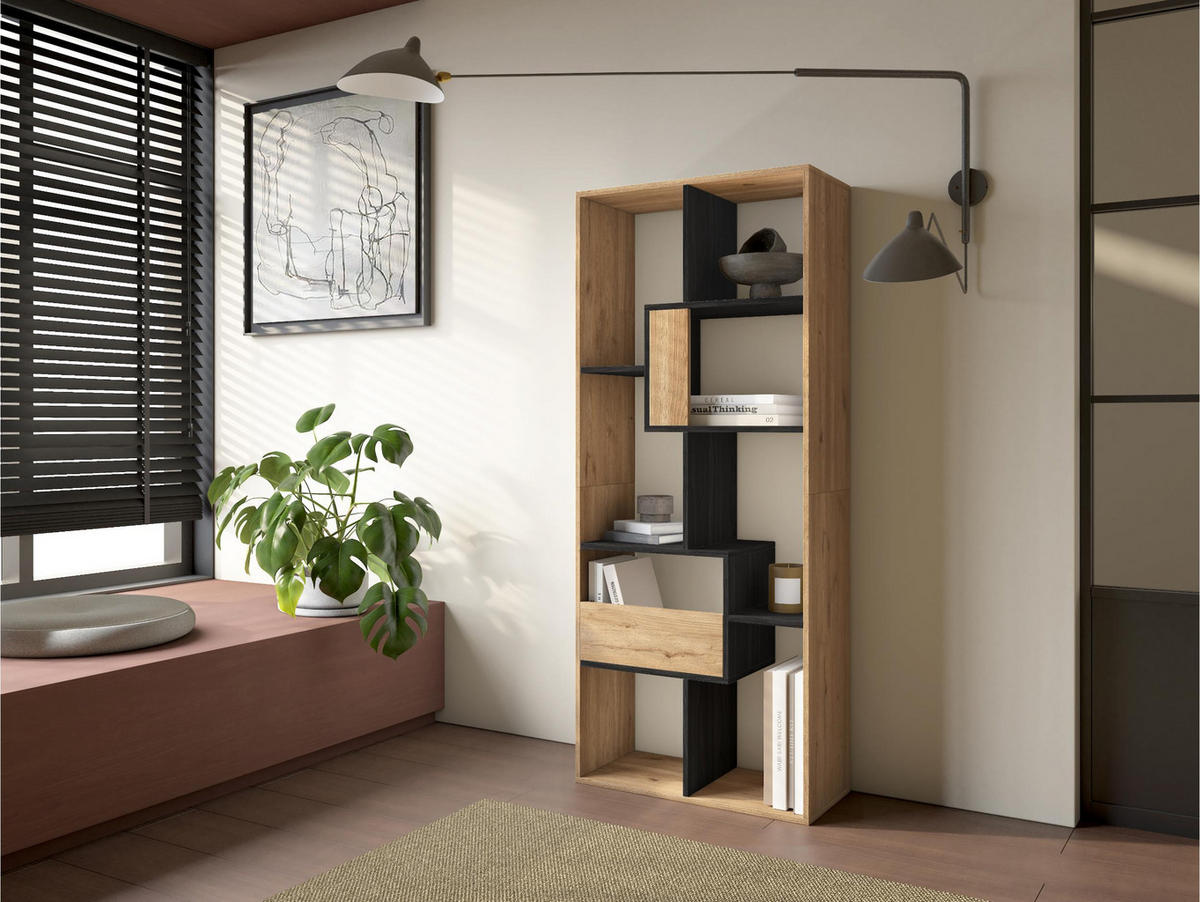 REGAL Bibliothek, Eiche und Schwarz, 67/31/162cm - Eichefarben/Schwarz, Holzwerkstoff (67/162/31cm) - Skraut Home