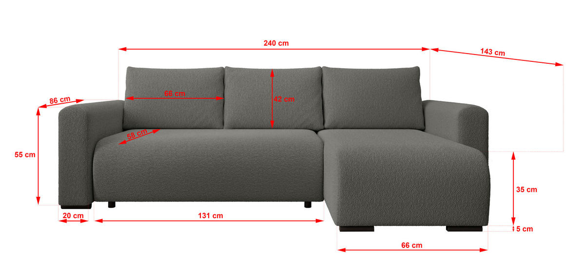 ECKSOFA DORA L, Eckcouch in L-Form mit Schlaffunktion und Bettkasten, Farbe: Dunkelgrau, Bouclé-Stoff, Ottomane Rechts - Dunkelgrau, Textil (240/143cm) - Storez24