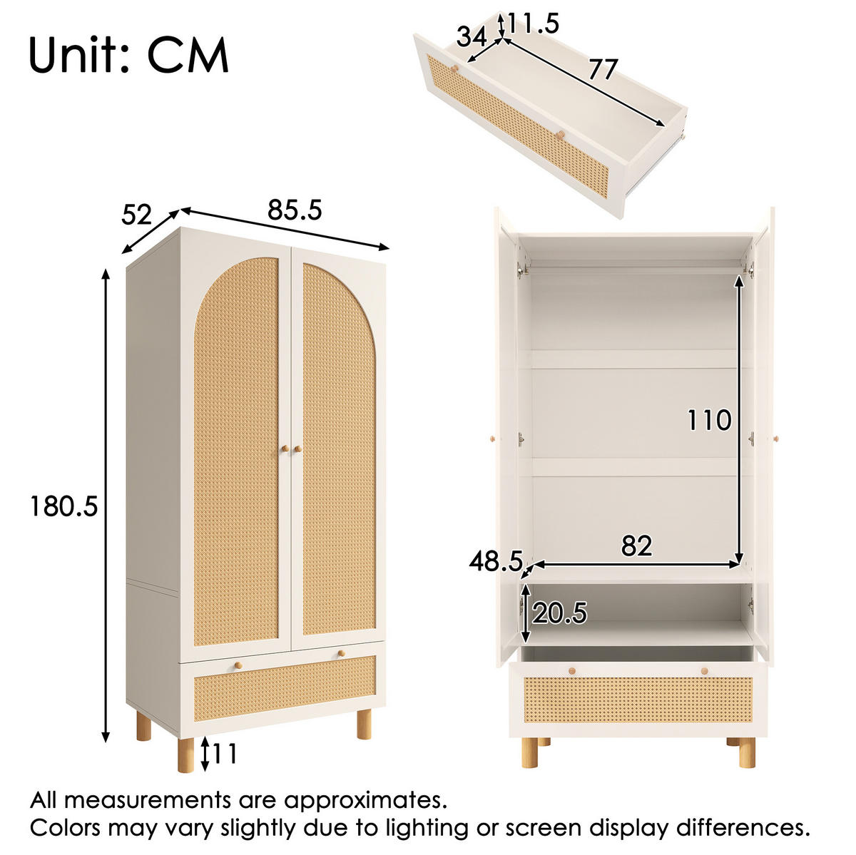 KLEIDERSCHRANK 2-türig 85,5/52/180,5 cm in Weiß mit Rattan & Schublade - Weiß, Holz (85.5/180.5/52cm) - BEAOK