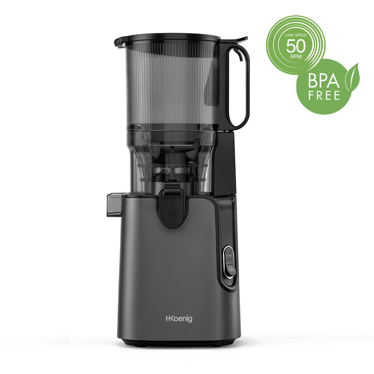 ENTSAFTER GSX26 Schwarz, BPA-frei, große Öffnung 135 mm, sanfter Druck 50 U/min, Tropffrei - Silberfarben, Metall (21.5/48.8/20.3cm) - HKoenig