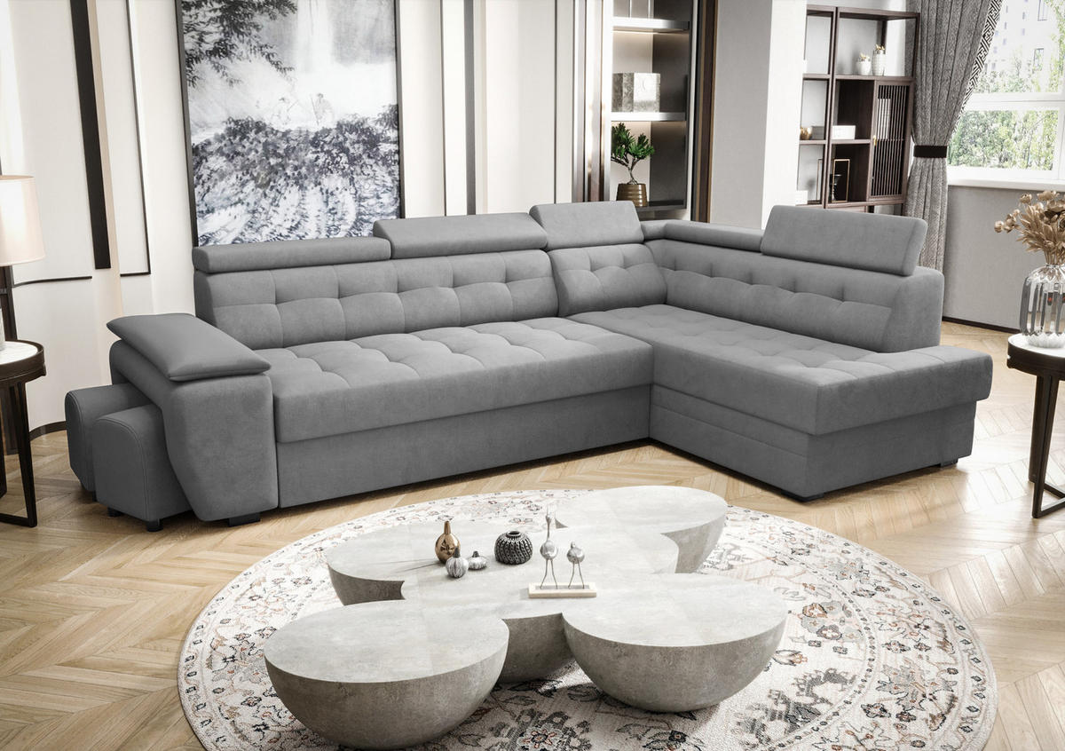 ECKSOFA KONGO RBN15, Eckcouch in L-Form mit Schlaffunktion, Farbe: Grau, Velourstoff, Ottomane Rechts - Grau, Textil (277/180cm) - O-Sofa