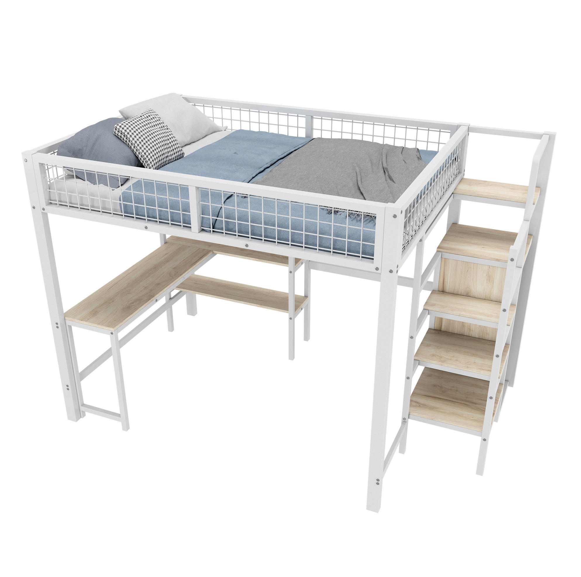 HOCHBETT 140/200 cm in Weiß mit Schreibtisch, Regalen und Kleiderschrank - Weiß, Metall (140/200cm) - Flora Grace