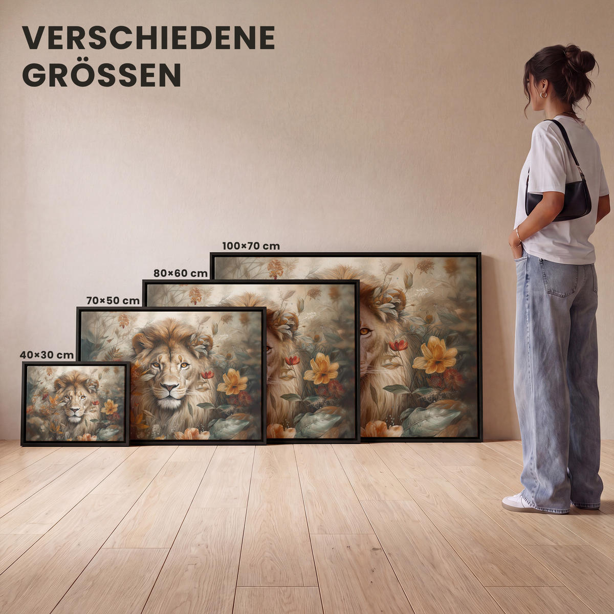 LEINWAND Bilder mit Rahmen - Löwe - Wildtiere - Pflanzen - Natur - Blumen - 100x70 - Beige, Textil (100/70cm) - MuchoWow