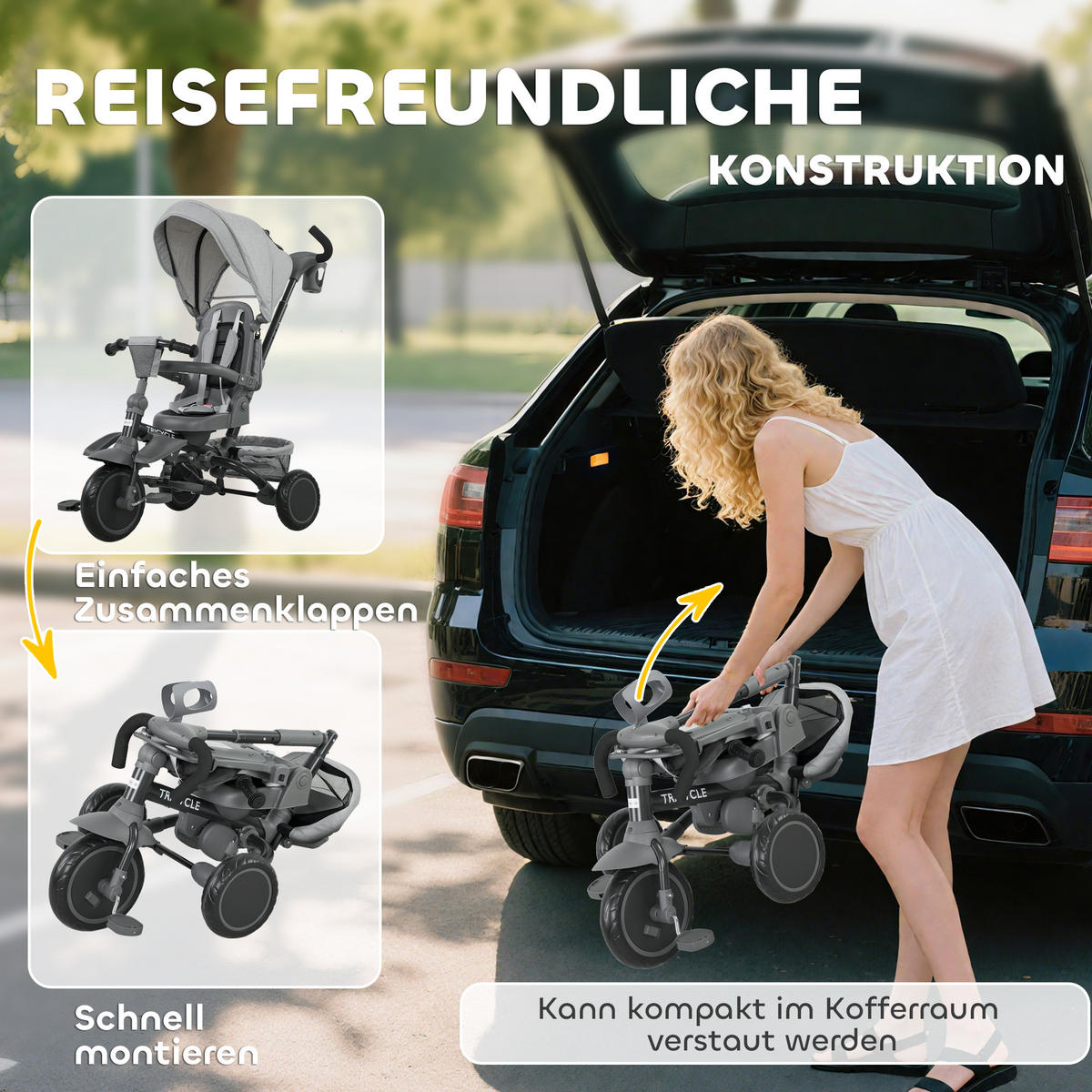 DREIRAD 6in1 mit Schubstange für 1-5 Jahre Kinderdreirad mit drehbarem Sitz Grau - Grau, Metall (111.5/52/98cm) - AIYAPLAY