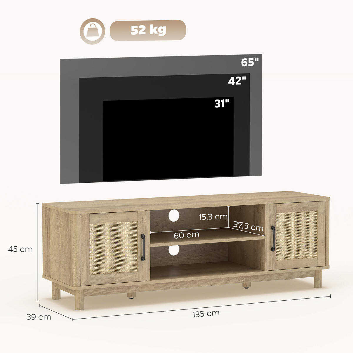 TV-LOWBOARD Eichefarben/Natur 135/39/45 cm, 2 Türen mit Rattangeflecht - Eichefarben, Naturmaterialien (135/45/39cm) - PANGIVO