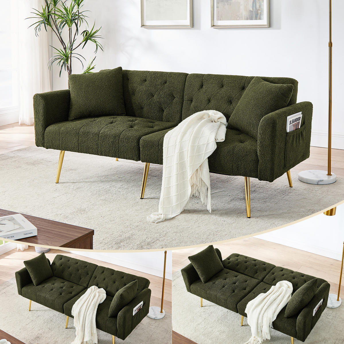 SCHLAFSOFA 177/78/74 cm in Green Teddyfell mit Aufbewahrungstasche - Grün, Textil (177/74/78cm) - Oxeza