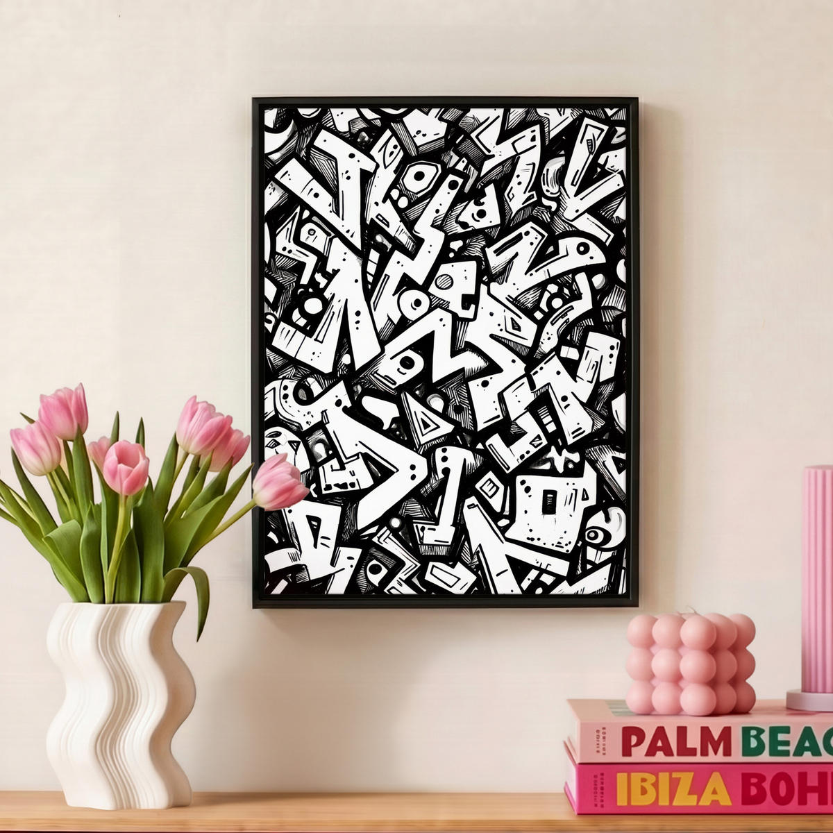 LEINWAND Bilder mit Rahmen - Formen - Buchstaben - Graffiti - Schwarz - 30x40 - Schwarz, Textil (30/40cm) - MuchoWow