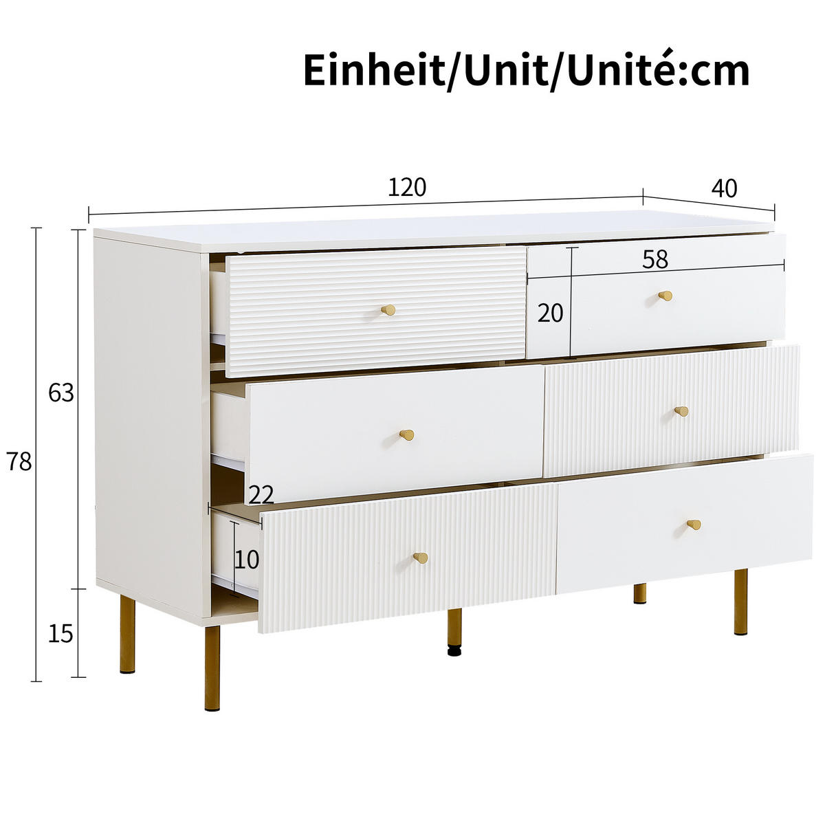 SIDEBOARD mit 6 Schubladen Elegante Kommode Weiß - Weiß, Holzwerkstoff (120/78/40cm) - Urban Meuble
