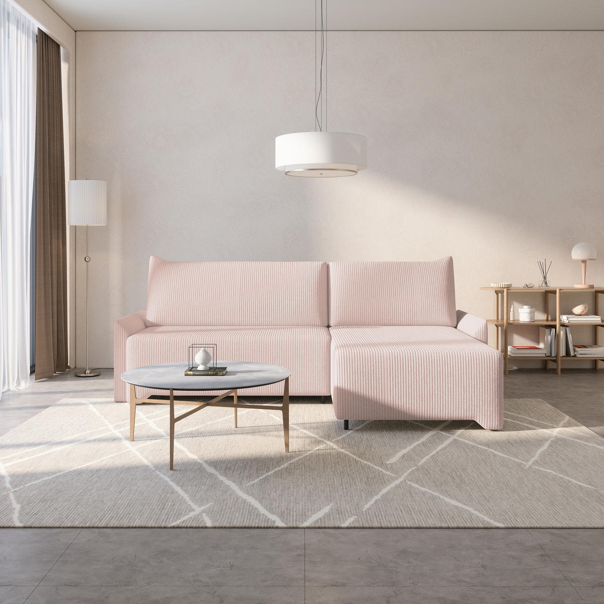 ECKSCHLAFSOFA - Rocky - Rechts, Flamingo (Poso 52) - Schwarz/Rosa, Holzwerkstoff/Metall (245/174cm) - Möblo
