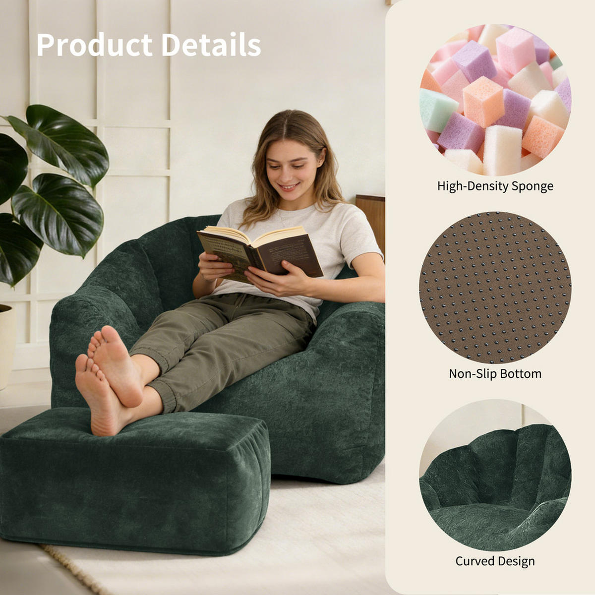 SITZSACK mit Hocker -Bärentatze Stoff 99x86x65cm Beige Ergonomisch - Grün, Textil (86/31/99cm) - Raelunyi
