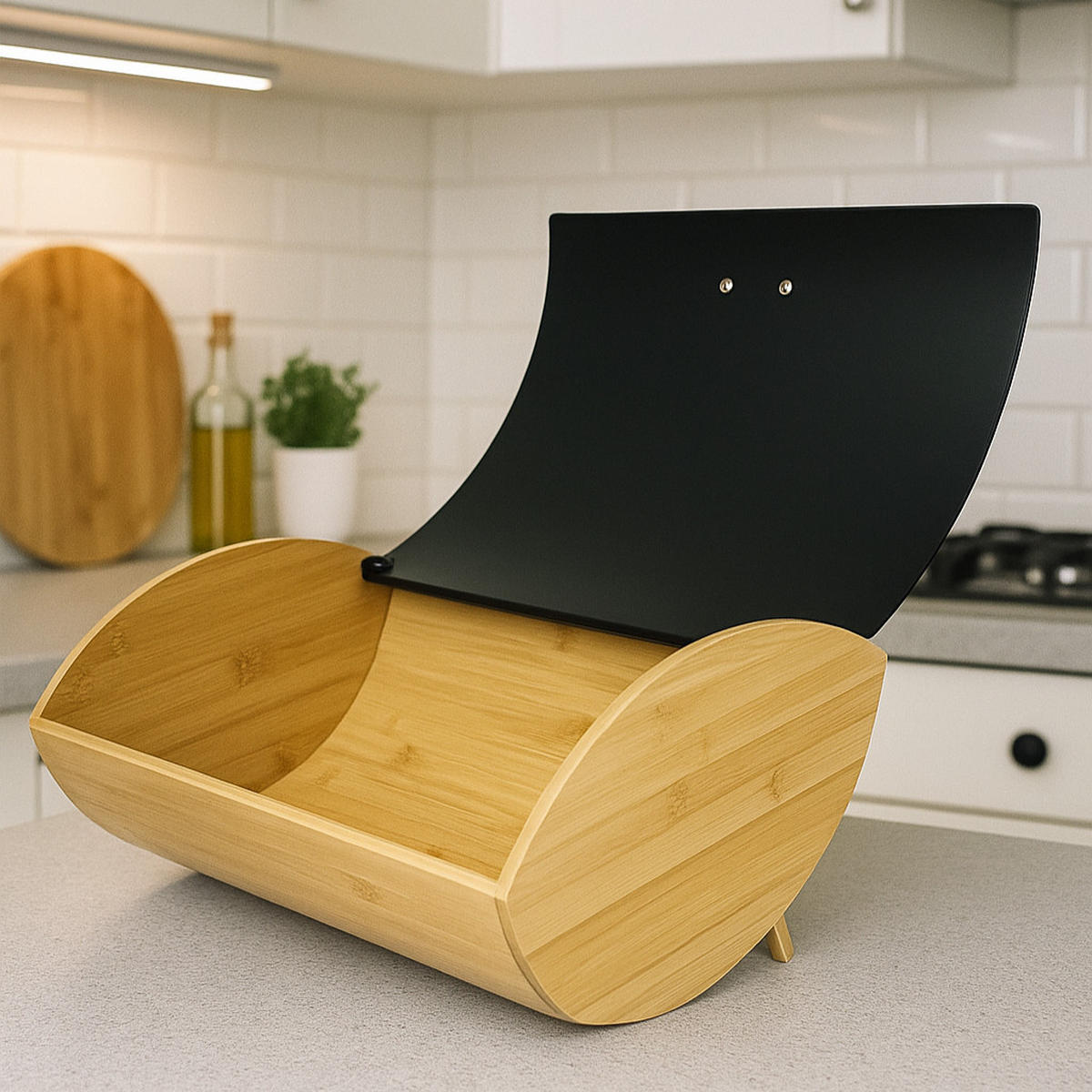 BROTKASTEN Bambus Metall Naturfarben Schwarz zum Aufklappen 35x25x15,5 cm - Schwarz/Naturfarben, Holzwerkstoff/Metall (35/15.5/25cm) - Begryf