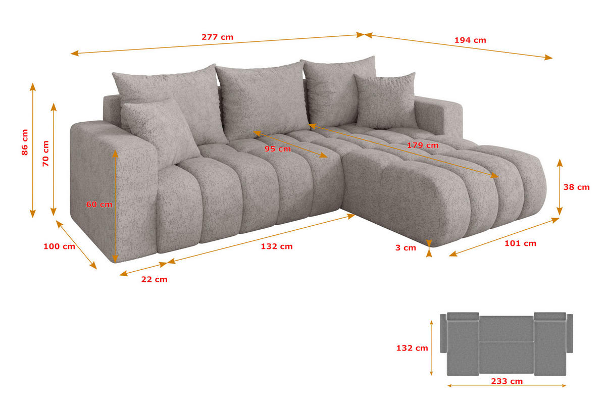 ROHOVÁ SEDAČKA s funkcí spaní, otoman vpravo MILA-L-v1 277x195x86 světle šedá velur - černá/světle šedá, kompozitní dřevo/textil (277/194cm) - ALTDECOR