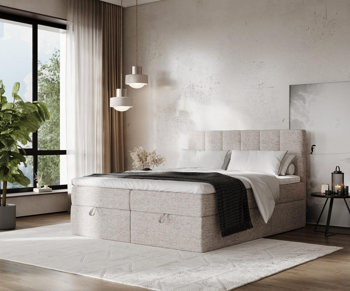 BOXBETT Savio 200/200 cm Beige im Neve Stoff - Beige/Schwarz, Holz/Holzwerkstoff (200/200cm) - AltaBeds