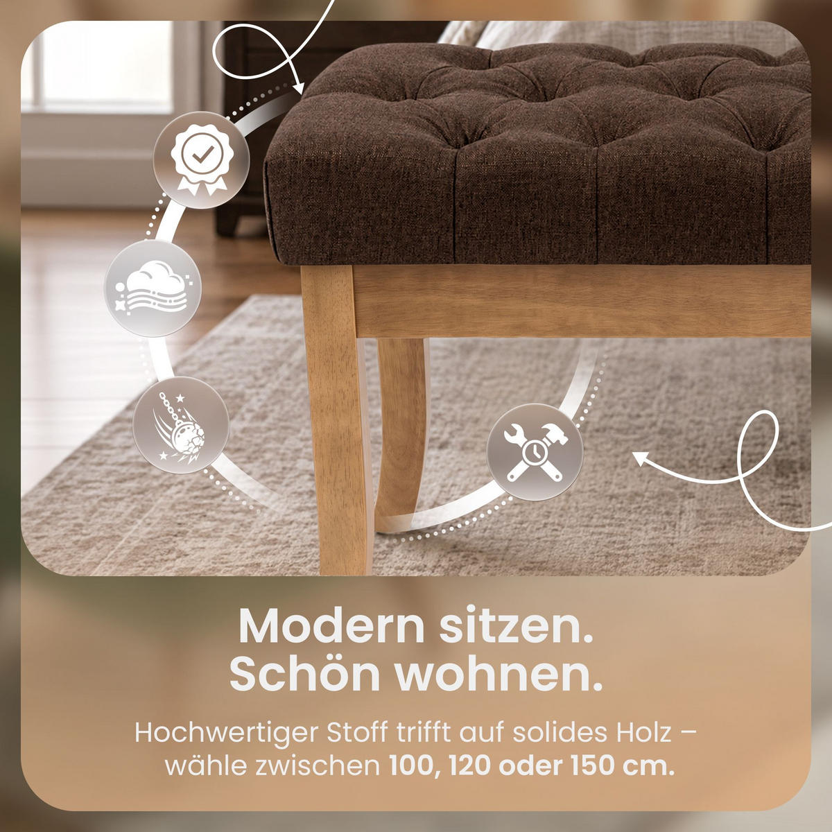 SITZBANK 100/38 cm Stoff Braun - Naturfarben/Braun, Holz/Textil (100/46/38cm) - CLP