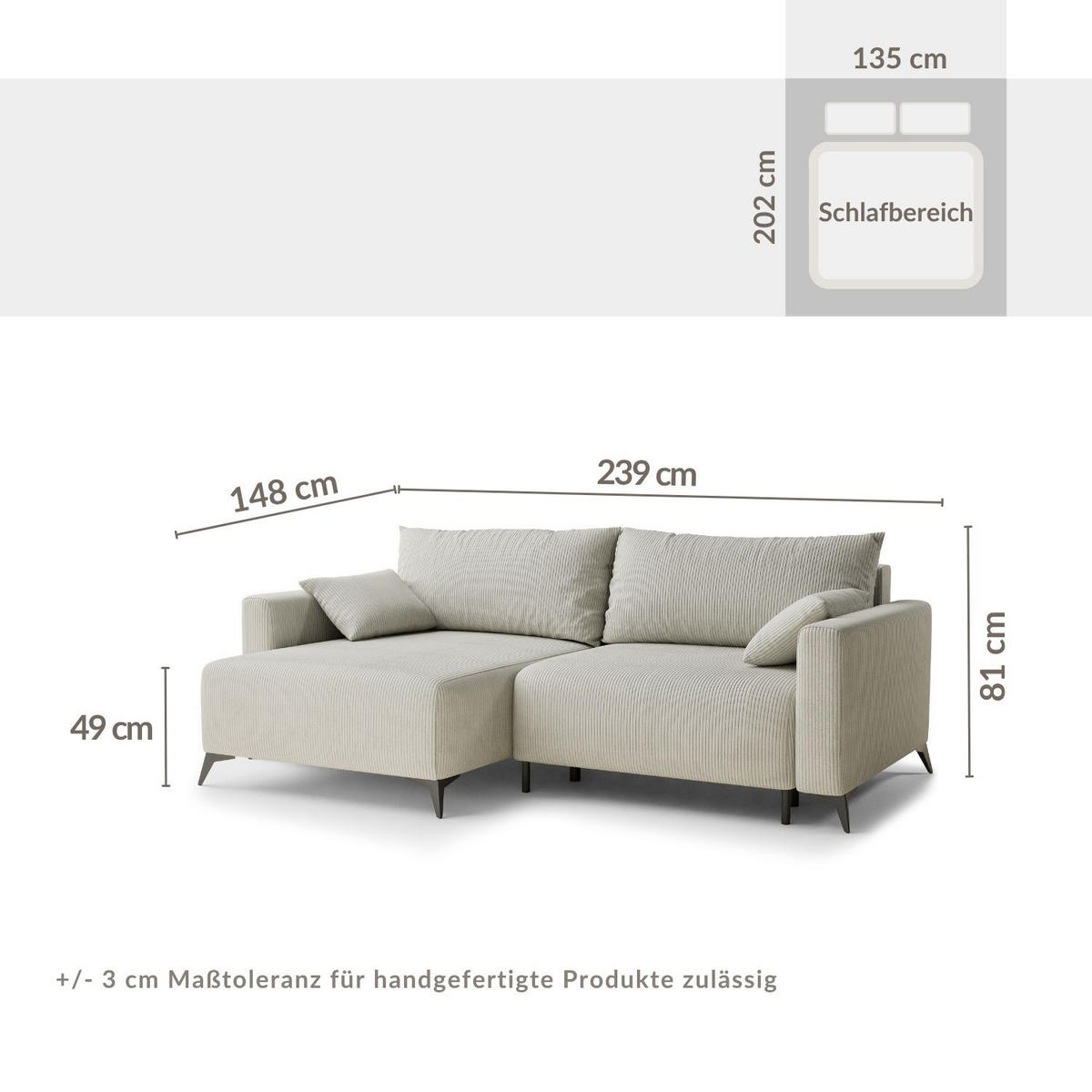 ECKSOFA MIT SCHLAFFUNKTION Leon Beige Samtstoff - Beige/Schwarz, Holz/Holzwerkstoff (148/239cm) - Maison de Reve