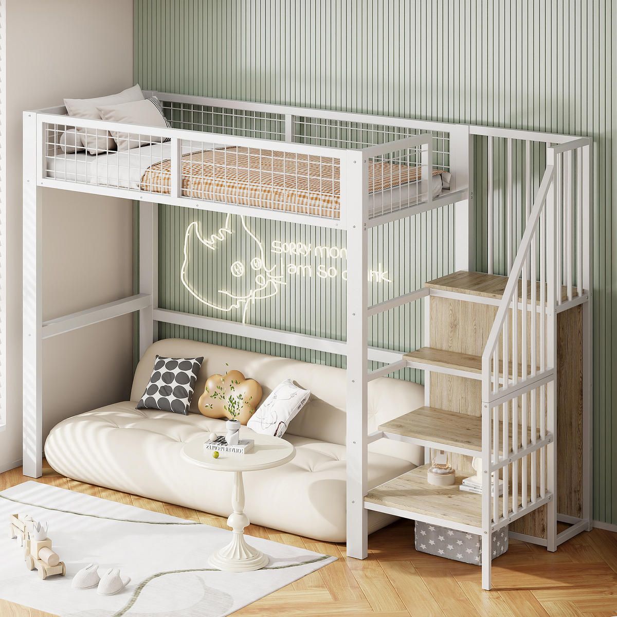 HOCHBETT 90/200 cm Weiß mit Sicherheitsleiter und Kleiderschrank - Weiß, Metall (90/200cm) - OKWISH