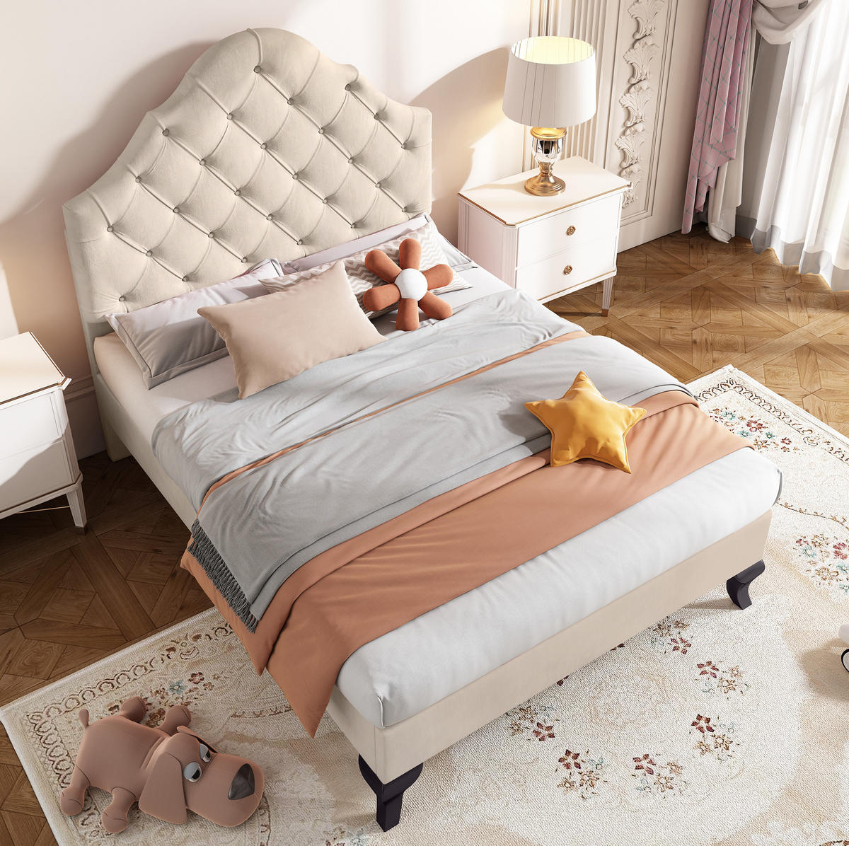 POLSTERBETT aus Samt 90x200 cm Beige mit Lattenrost und höhenverstellbarem Kopfteil - Beige, Textil (90/200cm) - IVMEU
