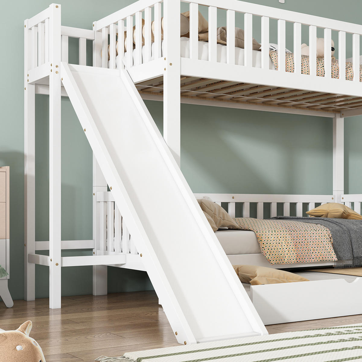 ETAGENBETT 250/172/170,5 cm aus Kiefer und MDF mit Rollbett und Rutsche Weiß - Weiß, Holzwerkstoff (90/200cm) - Modenvie