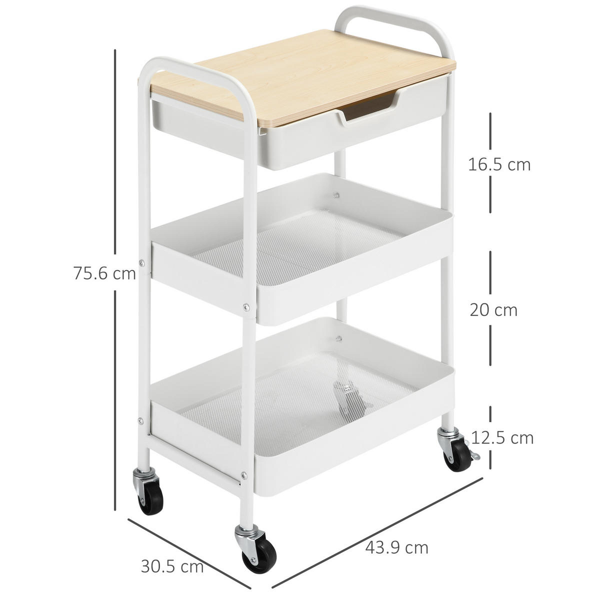KÜCHENWAGEN, Rollwagen mit 2 Körben und Holzplatte, Weiß - Multicolor, Metall (43.9/75.6/30.5cm) - FORIOUS