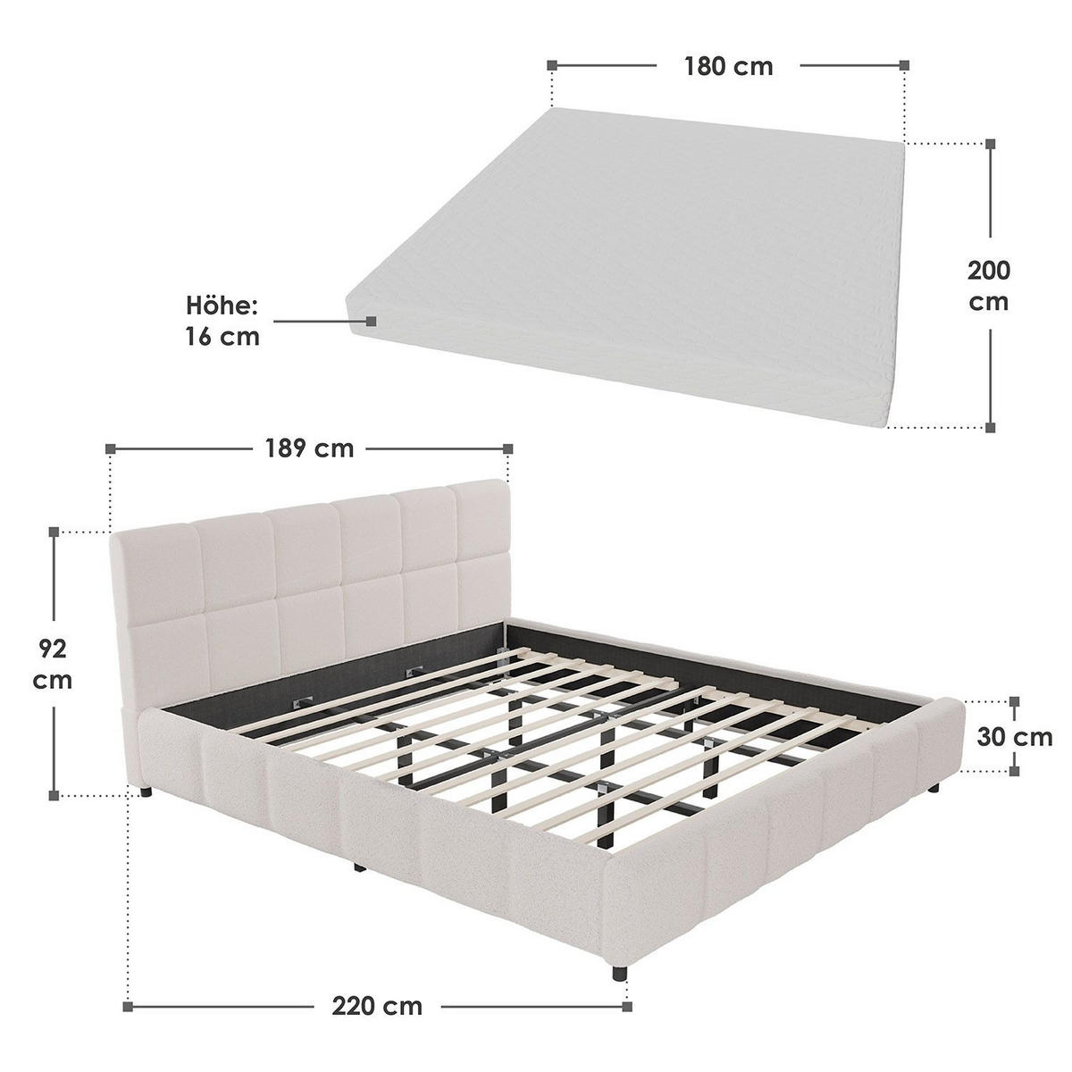 POLSTERBETT Florenz creme 180x200 cm mit Matratze - Creme, Holz (180/200cm) - Juskys