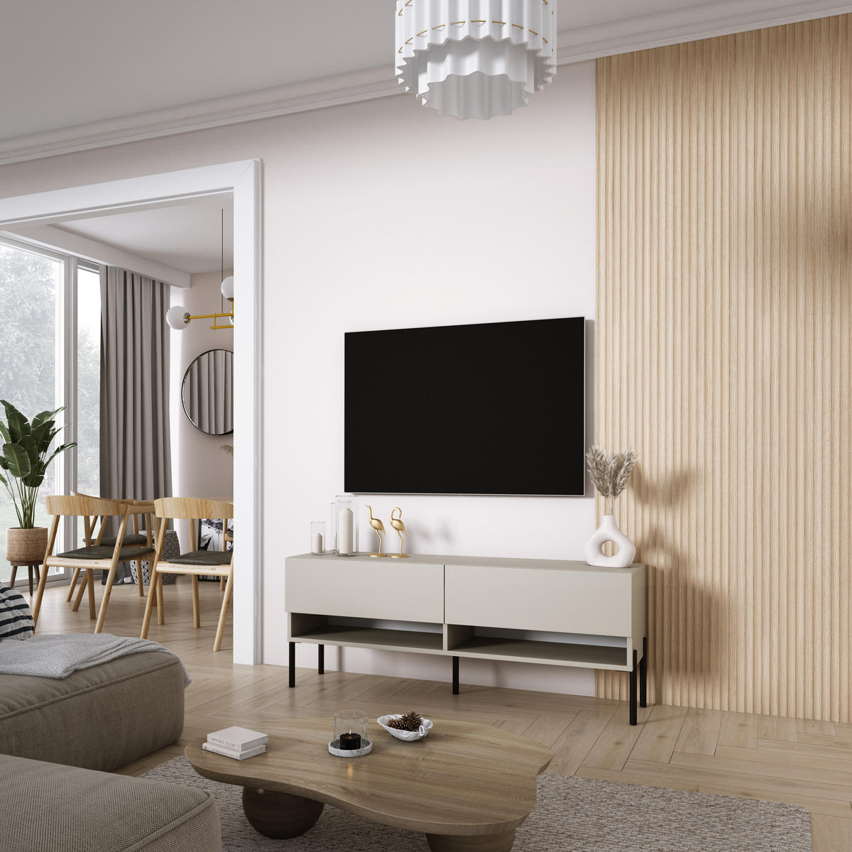 TV-LOWBOARD 140 cm Kaschmir, gerade schwarze Beine, 140 × 32 × 52 cm - Beige, Holzwerkstoff (140/52/32cm) - 3XE LIVING