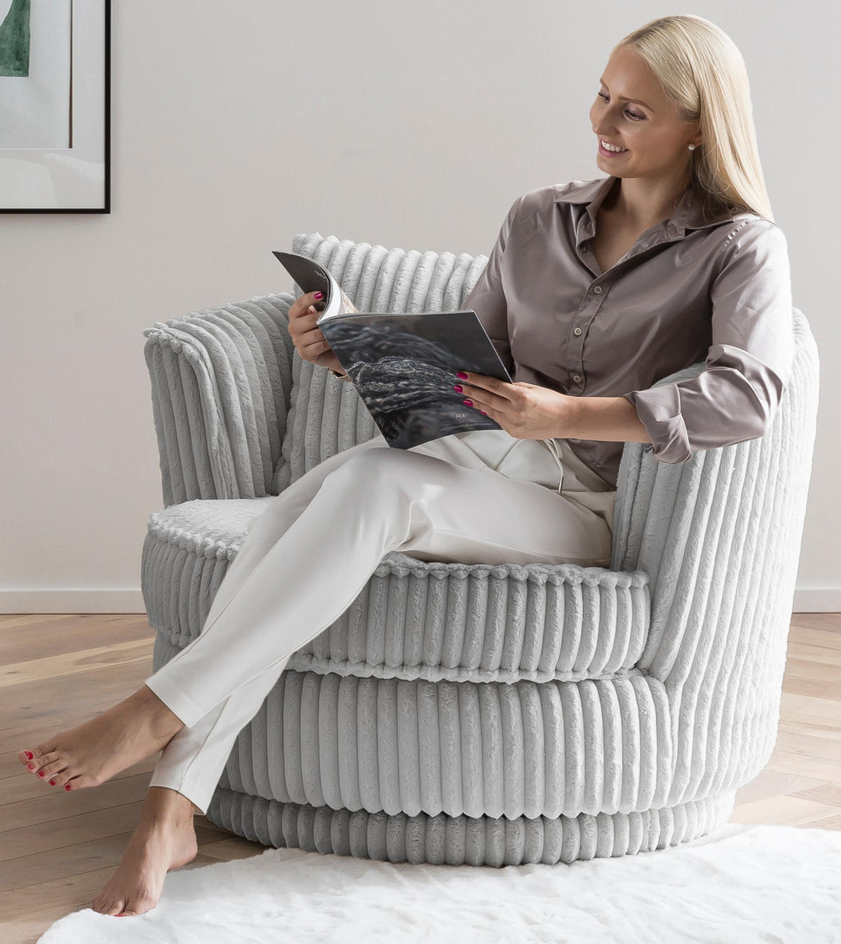 BIG-SESSEL Mega Cord hell grau Ø 95 cm 360° drehbar, inklusive Kissen - Hellgrau, Holz/Kunststoff (95/77/95cm) - Furn.Design