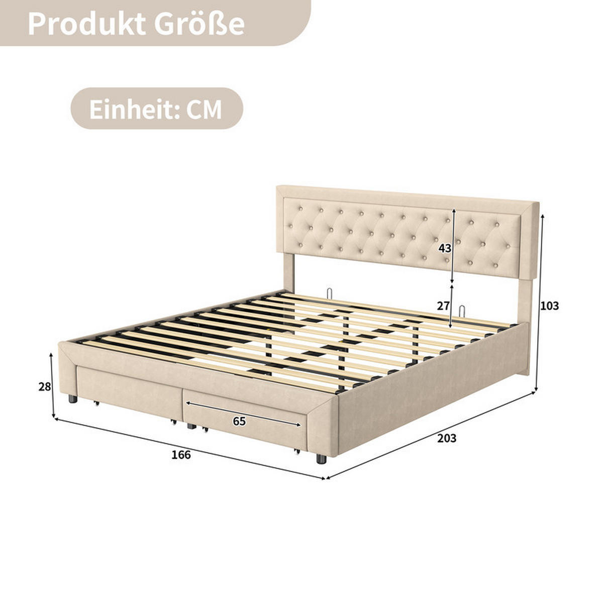 POLSTERBETT 160x200cm, Beige, Samt, mit Schubladen und Lattenrost, ohne Matratze - Beige, Holz (160/200cm) - WoodenAura